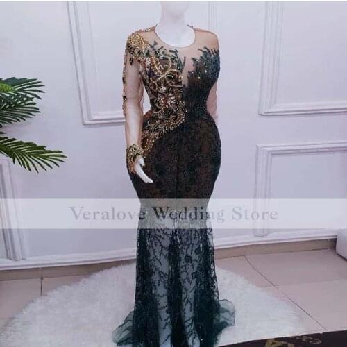 2021 Green Evening Dresses Illusion Long Sleeves Sequin Beads Mermaid Prom Gowns for Arabic Women abiti da cerimonia