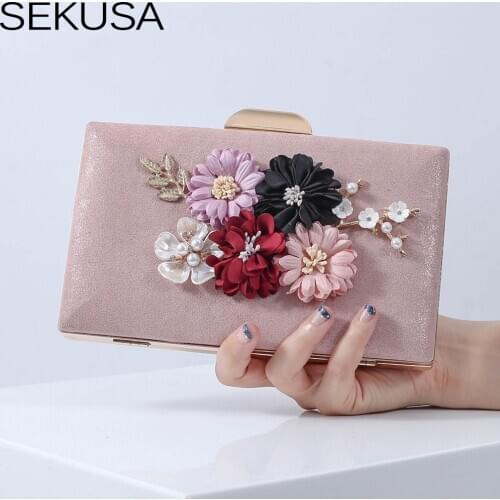 Flower Women Evening Bags Beaded Shell Handmade Style Day Clutch Handbags PU Female Purse