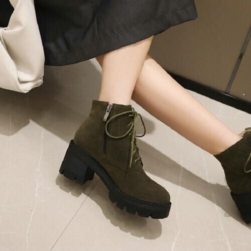 Sianie Tianie Faux Nubuck Winter Combat Army Green Military Chunky Square High Heels Platform Women Cowboy Martin Ankle Boots
