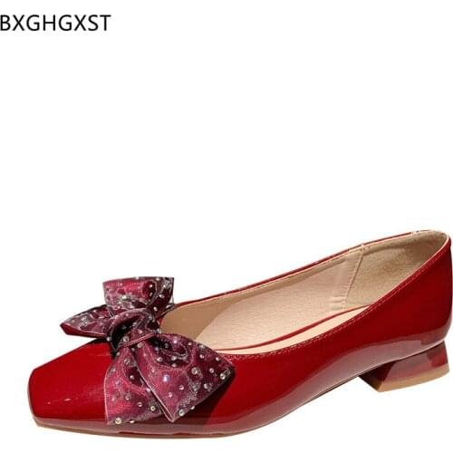 Black Slip on Low Heels Shoes for Women 2021 Korean Shoes Woman Butterfly-knot Block Heels Patent Leather Casual Shoes Woman