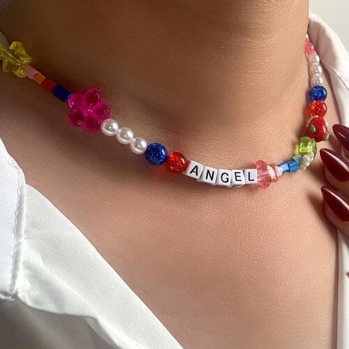 Boho Letter Candy Transparent Flower Star Beaded Necklace For Women Geometry Beads Baroque Pearl Choker Sweet Jewelry New Trend