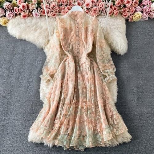 Sanishroly Women Long Sleeve Floral Embroidery Dress Button Large Hem Lace Mesh Dress Female Long Holiday Party Vestidos SE1171