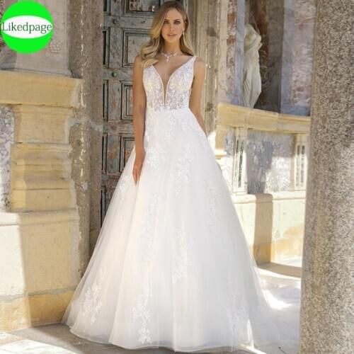 Wedding Dress 2021 Vestidos De Novia Sexy V Neck Spaghetti Straps Sequin Tulle Robe Mariage Lace Appliques Beaded Bride Gown