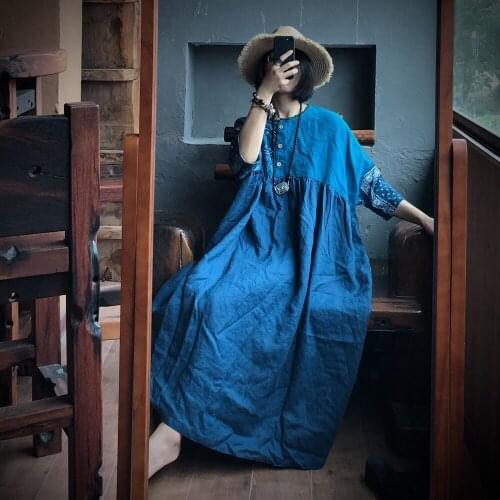 Women Loose Linen Washed Patchwork Dress Ladies Vintage Spliced Plus Size Dresses Female Robe Dress 2020 Summer Autumn