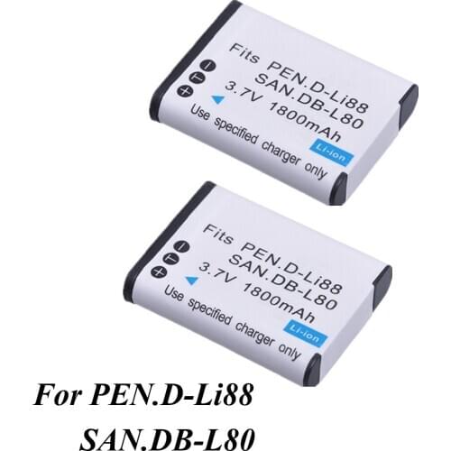 2Pcs DB-L80 D-LI88 DB-L80A D LI88 Camera Battery for Sanyo VPC-CG10 CG20 VPC-CG88 CG100 DB-L80AU for Pentax Optio P70 H90 W90