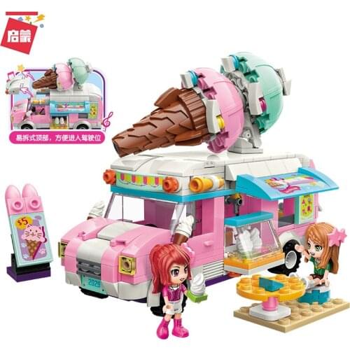 388PCS Enlightenment 2029 Powder Ice Cream Truck Girl Princess Play House Assembled Building Blocks Toy Gift