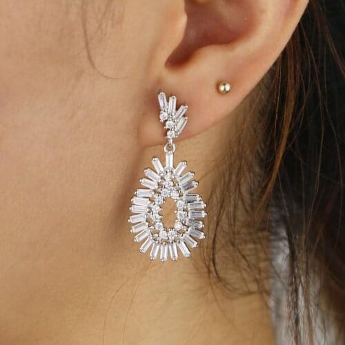 Baguette sparking bling white clear cz tear drop shape dangle wedding bridal gift earring jewelry