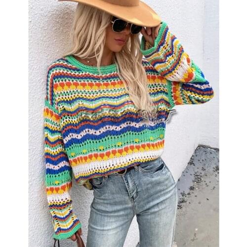 Bohemain Autumn 2021 Womens Sweaters Casual Loose Knitted Pullover Sweater O Neck Hollow Out Rainbow Striped Sweater For Women