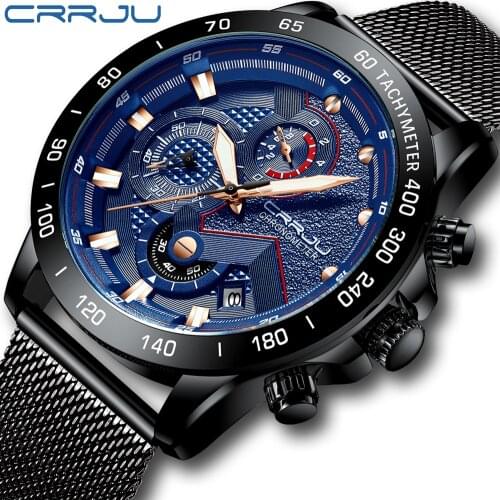 Crrju Mens Fashion Quartz Watch Military Chronograph watch Black classical Mesh Steel Watch Men Business watch relogio masculino