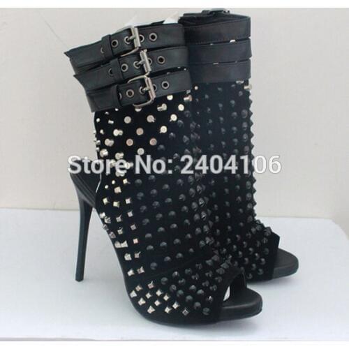 Black White Buckle Straps Rivet Studded Ankle Boots Leather Peep Toe Slingbacks Platform Spiked Shoes Women High Heels Zip Botas