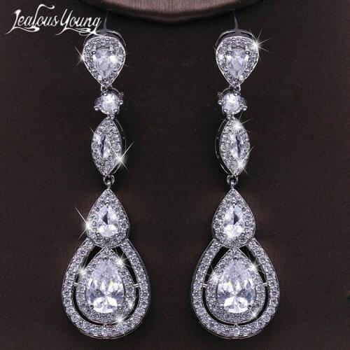 Elegant Water Drop Cubic Zirconia Crystal Bridal Long Earrings Luxury Wedding Jewelry for Brides