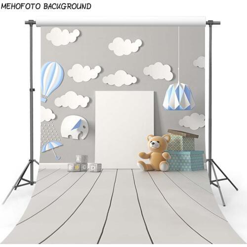 Photography Backdrop Grey Wall White Clouds Photo Background baby Blue Hot Air Balloons White Wood Floor Baby Party Backdrops