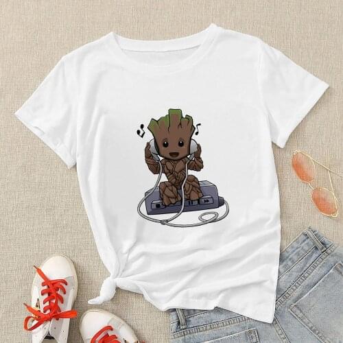 Groot Loves Music Printed Woman T Shirt Fashion Rock Harajuku Punk Unisex Clothes Summer Streetwear Top Brands Marvel Superhero