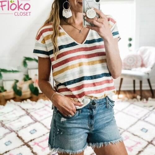 Flokocloset Summer Short Sleeve Striped Contrast V-Neck Tops Harajuku Oversized T Shirt Casual Women Tee Streetwear