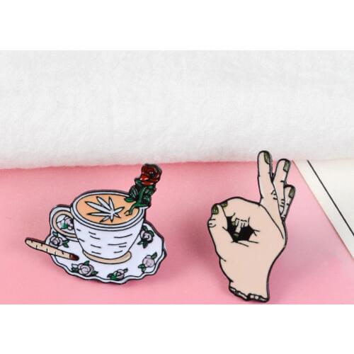 OK ! Horror Middle Finger Rose Coffee brooches Bag Clothes Enamel Lapel Pin Button Badge Cool Jewelry Gift for friends