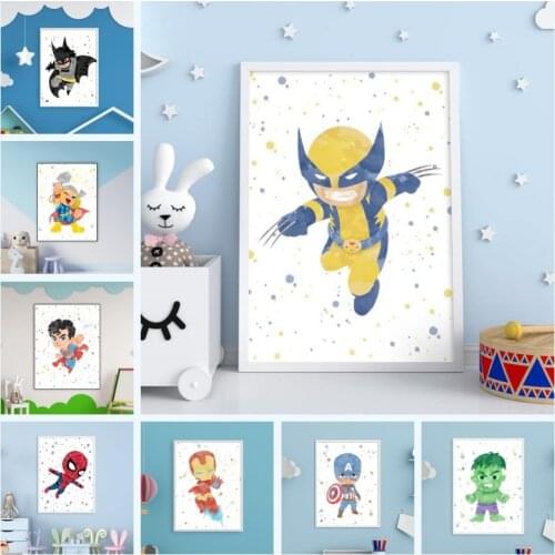 Cartoon Watercolor Superheroes Canvas Painting Spiderman Iron Man Posters and Prints Wall Art Picture for Nursery Bedroom Decor