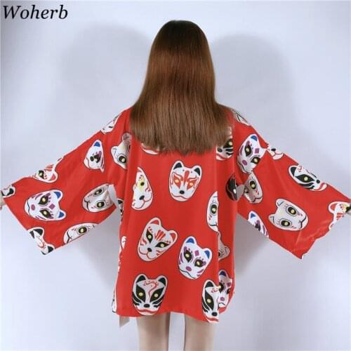 Woherb Harajuku Kimono Cardigan Womens Tops Blouses Print Japanese Mask Vintage Blusas Women Man Outwear Shirt 2021 Summer 21194