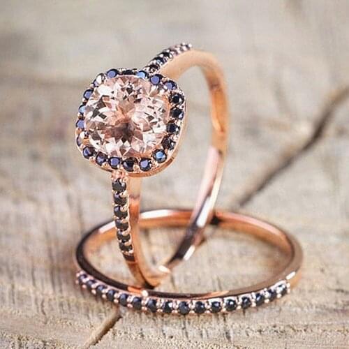 Fashion champagne gemstones black crystal zircon diamonds rings sets for women rose gold color jewelry bijoux bague wedding gift