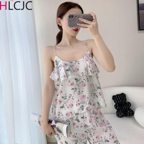 2021 New Chiffon Satin Sexy Pajamas Ruffles Pajamas With Pants Loose Spaghetti Strap Intimate Lingerie Sleepwear Women Pyjamas