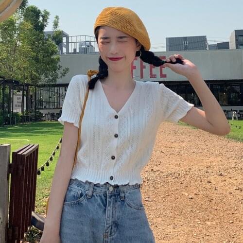 Short Blouse Womens New Summer Hot Girly Style Short-sleeved T-shirt White V-neck Knitted Cardigan