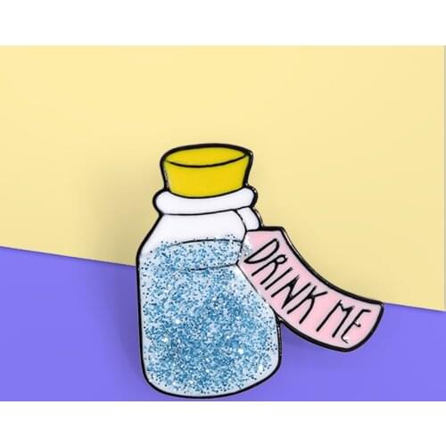 Cute Juice Drinks Bottle DRINK ME Enamel Pin Metal Brooches Pins Badge For Women Drift Bottle Badge Trendy Jewelry Accessories