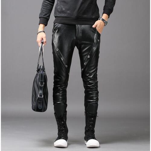 Korean personality fashion slim motorcycle faux leather pants mens feet pants plus velvet pu trousers for men pantalon homme