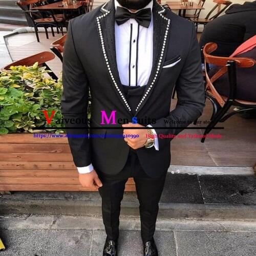 Luxury Crystal Beaded Men Suits Peaked Lapel Costume Homme Wedding Tuxedo Black Slim Fit Groom Prom Blazer 2 Pieces Traje Hombre