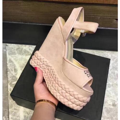 Carpaton Sexy Peep Toe Sandals for Woman Pink Suede Platform Wedge Shoes Leather Braided Buckle Strap Party Dress Shoes Black