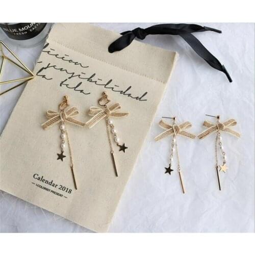 Bowknot earrings sweet maiden temperament stars eardrop bowknot long tassel ear clip B1082