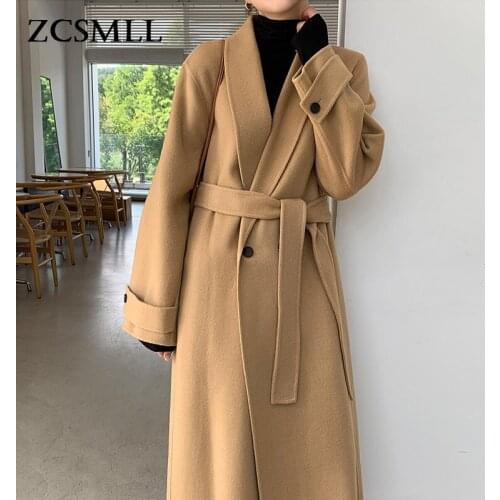 ZCSMLL Korean autumn and winter French elegant suit collar double-breasted tie-in waist over the knee long woolen coat coat