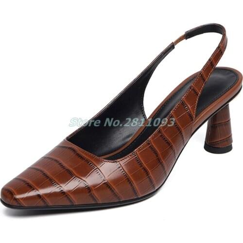 Stylish 2021 Singback Pumps Women Medium Heel 4 cm Slip On Dress Ladies Shoes Cut Out Dress Stone Pattern Pointed Toe Pumps