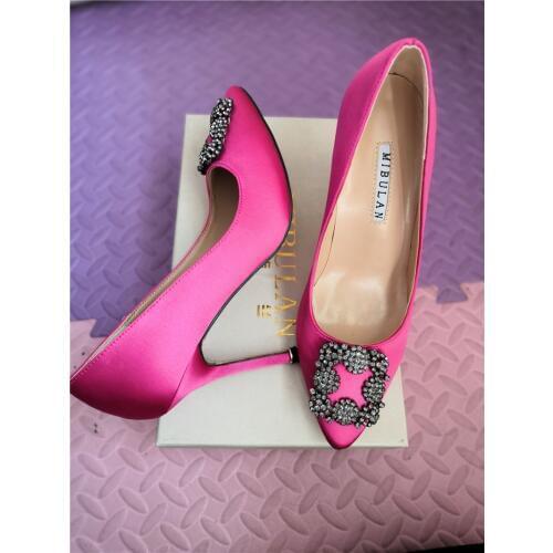 Free shipping sexy diamond buckle wedding silk stain pumps big size classic heels, female 10cm diamond buckle party pumps 34-43