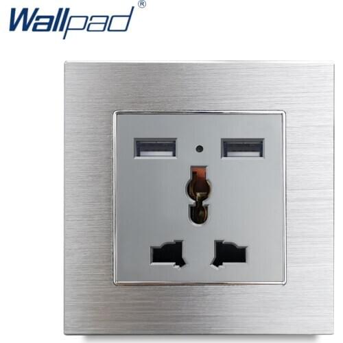 Universal Socket with Dual USB Charging Port with Neon Wallpad Silver Metal 13A UK Universal socket with 2 USB Ports