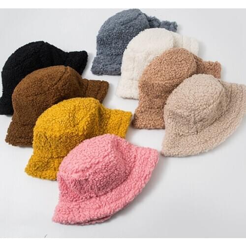 Korean Version Fisherman Hats Winter Lambswool Round Hats Girls Warm Furry Hat Wool Ladies Solid Bucket Cap Ear Protection Cap
