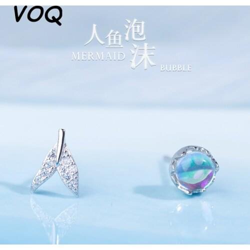 VOQ 925 Sterling Silver Ladies Mermaid Earrings Sea Blue Fishtail Zircon Earrings Girl Gift Brincos