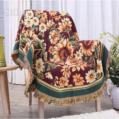 American style yellow floral weaving sofa towel cotton sofa chair blanket slip-resistant vintage sofa cover sided usage SP3763