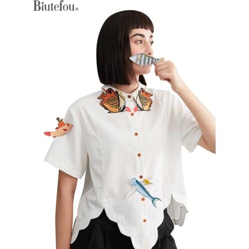 【Biutefou】Original Design 2021 Summer Women Embroidery Irregular Wave Hem Short Sleeve Shirt