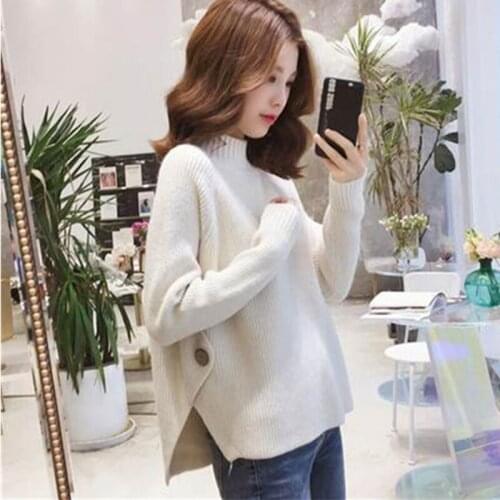 2020 New Autumn Winter Korean Fashion Turtleneck Women Ribbed Loose All-Match Long Sleeve Split Knitted Sweaters Female A219