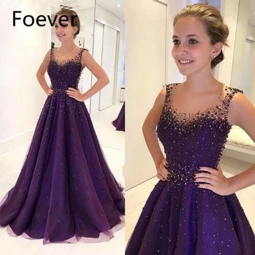 Saudi Arabic Purple Evening Dresses 2019 A-line Tulle Beaded Elegant Islamic Dubai Long Evening Gown
