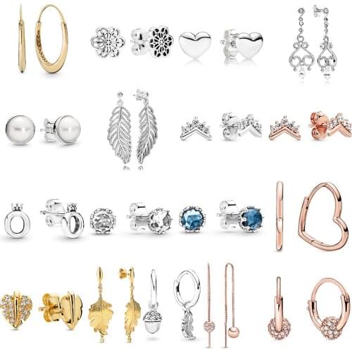 2019 NEW 100% 925 Sterling Silver Rose Gold Polished Crown O Clear Sparkling Crown Stud Earring Fit DIY Women Original Jewelry