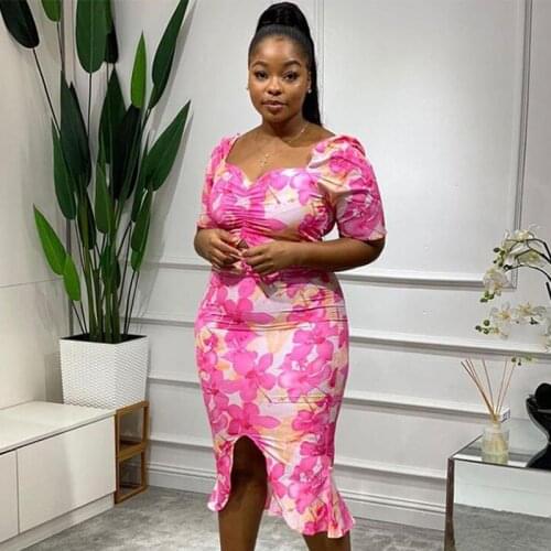 African Plus Size XXXXL Printing Dress For Women Summer Puff Sleeve Slim Dresses Fashion Nightclub Bar European Clothing YS1558