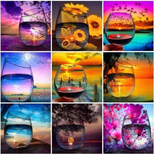 DIY 5D Full Drill Diamond Painting Glass Cup Diamond Embroidery Mosaic Rhinestones Sunset Scenery Cross Stitch Art Home Decor