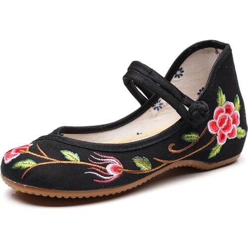 Retro Flower Embroidered Ladies Canvas Ballerinas Shoes Women Comfort Walking Working Ballet Flats Black Red White