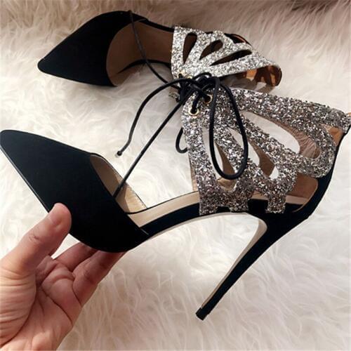 Free shipping fashion women Pumps sexy Black suede glitter strappy Pointy toe ankle high heels shoes size33-43 10cm party shoes