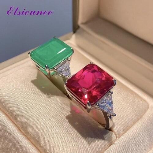 ELSIEUNEE New Trendy Solid Silver 925 Jewelry 12MM Ruby Emerald Gemstone Rings for Women Luxury Fine Jewlery Ring Wholesale Gift