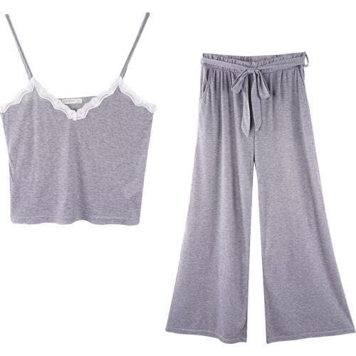 Lace Patchwork Womens Solid Pajamas Sets V-neck Camis Tops Drawstring Pocket Long Loose Pants Summer Spring Nightwear Pajamas