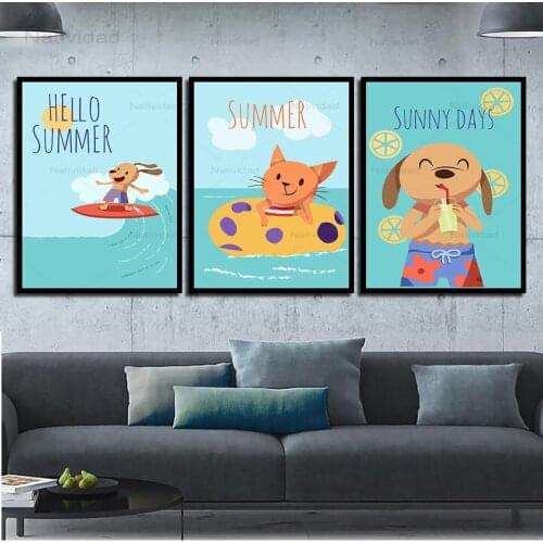 Nordic Modern Family Quotes Picture Wall Art Print Modular Animals Dog Cat Rabbit Bear Cartoon Watercolor Poster Canvas Painting