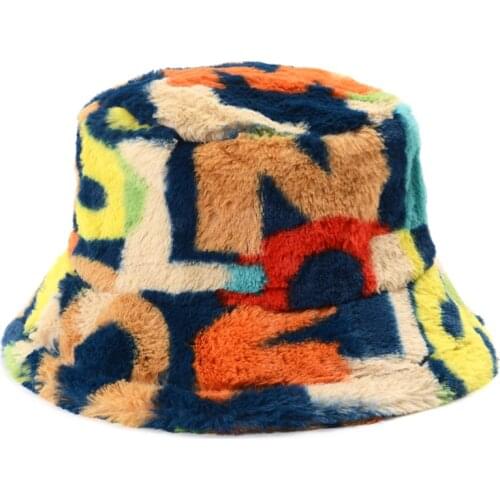 Fashion Colored Letter Fisherman Hat Women Winter Faux Fur Warm Bucket Hat Soft Velvet Panama Ladies Outdoor Travel Sun Hat