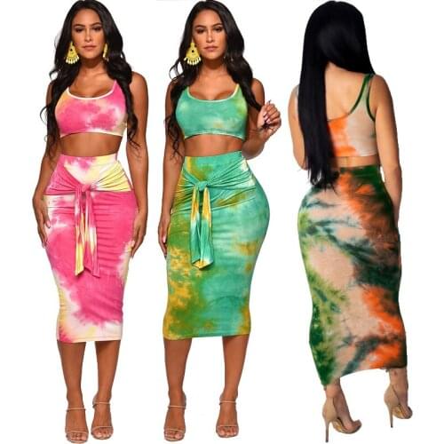 Popular Sleeveless Woman Dress Round Neck Middle Length Crop Tank Sheath Dress Two Piece Slim Summer Casual Female Clothes Sets