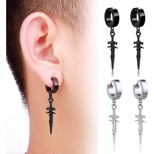 1 Pairs Stainless Steel Painless Ear Clip Earrings for Men Women Punk Sword Cross Black Non Piercing Fake Earrings Jewelry Gifts
